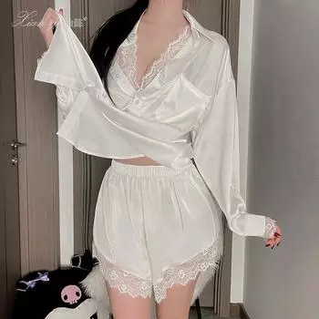 Пижама женская весенне-летняя комплект из двух предметов из чистого кружева, свободная рубашка в стиле бойфренда с длинными рукавами, комплект домашней одежды S