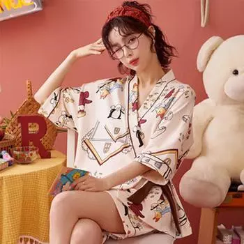 Пижама женская весенне-летняя свободная милая верхняя одежда с короткими рукавами тонкая домашняя одежда комплект из двух предметов M