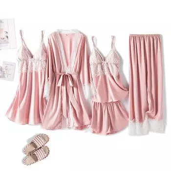 Пижама женская весенняя ночная рубашка на подтяжках комплект из пяти предметов сексуальный V-образный вырез атлас кружево ночная рубашка интимное белье пижамы домашняя одежда M