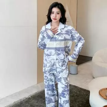 Пижама женская весна и осень, брюки из ледяного шелка с длинными рукавами, комплект из двух предметов, простая повседневная домашняя одежда M