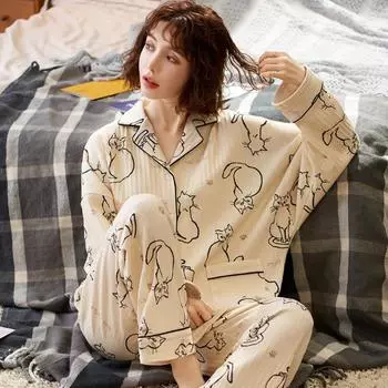 Пижама женская весна и осень хлопковый домашний костюм для девочек большой размер тонкая часть осенне-зимней пижамы домашний костюм 3XL