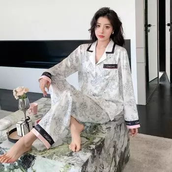 Пижама женская весна и осень Ice Silk с длинными рукавами тонкая высококачественная розовая красная черная элегантная весенняя и летняя домашняя одежда костюм M белый