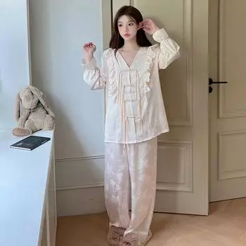 Пижама женская весна и осень новые брюки из ледяного шелка с длинным рукавом пряжка из двух частей этнический стиль домашняя одежда для экстерьера M бежевый