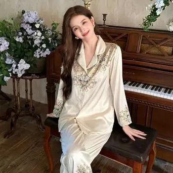 Пижама женская весна и осень с длинным рукавом новый высококачественный летний тонкий домашний костюм S бежевый