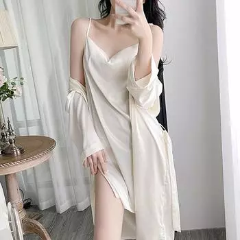 Пижама женская весна и осень тонкий отрезок ледяного шелка халат с длинными рукавами сексуальный V-образный вырез ночная рубашка комплект M белый