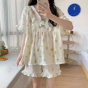 Пижама женская весна/лето очень большие шорты с короткими рукавами свободный комплект для домашнего интерьера больших размеров M