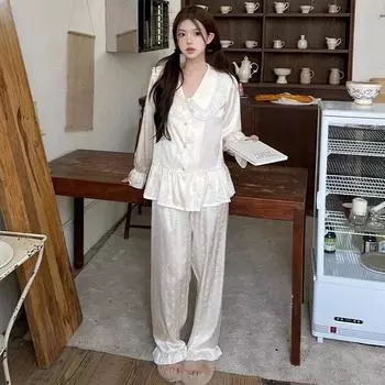 Пижама женская весна осень новый ледяной шелк длинный рукав лацкан кардиган 2 шт комплект корейский однотонный жаккард простая домашняя одежда M бежевый
