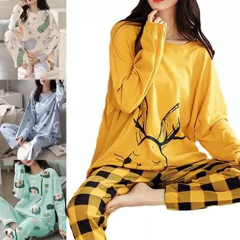 Пижама женская весна осень новый мультфильм корейская версия с длинными рукавами длинные брюки большие ярды домашней одежды костюм комплект из двух частей M