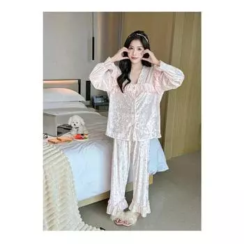 Пижама женская весна осень с длинным рукавом новое поступление верхняя одежда красный Ins стиль зима золото бриллиант бархат домашняя одежда костюм M