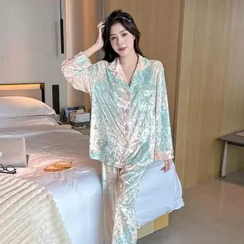 Пижама женская весна осень с длинным рукавом новое поступление верхняя одежда красный Ins стиль зима золото бриллиант бархат домашняя одежда костюм M