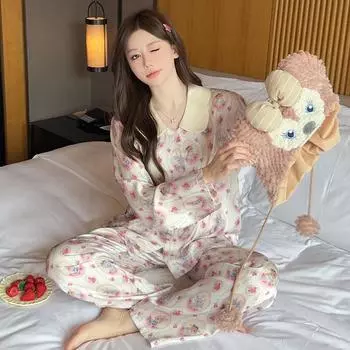 Пижама женская высокого класса Ins Style Lapel Весна и лето Домашний комплект с длинными рукавами M