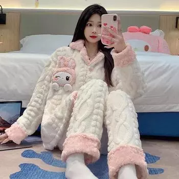 Пижама, Зима Плюс Бархат, Утолщенная и теплая, Домашняя одежда из двух частей, Пижама с героями мультфильмов, Комплект брюк, Пижама M