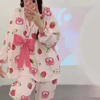 Пижама Зимний теплый комплект из двух предметов Пижамный комплект с рисунком из мультфильма Пижама с V-образным вырезом и изображением медведя-клубники M розовый