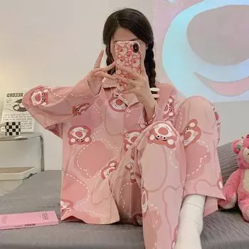 Пижама Зимний теплый комплект из двух предметов Пижамный комплект с рисунком Пижама с отворотом M