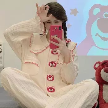 Пижама Зимняя Чистый Хлопок Комплект из двух предметов Пижамный комплект с рисунком Зимняя Пижама M