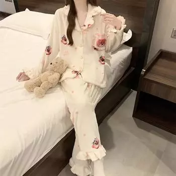 Пижама, зимняя домашняя одежда с лацканами, теплый комплект из двух частей пижамы и брюк, женская пижама с рисунком M