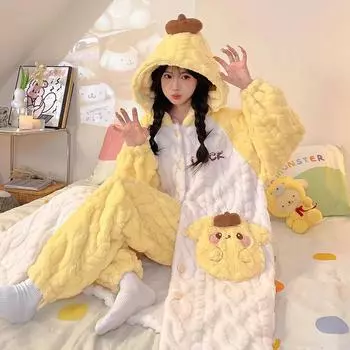 Пижама Зимняя мультяшная теплая с длинными рукавами и круглым вырезом Костюм Домашняя одежда Женская пижама M