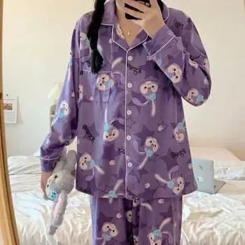 Пижама зимняя новая из чистого хлопка с длинными рукавами брюки комплект из двух предметов мультфильм повседневная женская пижама домашний комплект M