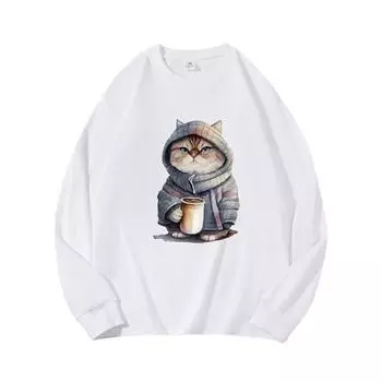 Пижамная кошечка, осенняя одежда, длинный рукав, чистый хлопок, новый мужской и женский топ, весенний внутренний слой, базовая рубашка, футболка с круглым вырезом и длинными рукавами M коричневый