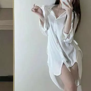 Пижамное платье Женская летняя белая рубашка с длинными рукавами Пижама большого размера средней длины Рубашка из ледяного шелка M