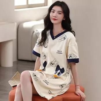 Пижамное платье, женское милое свободное и тонкое летнее пижамное платье из чистого хлопка с короткими рукавами, домашняя одежда M