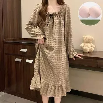 Пижамное платье женское весенне-осеннее с длинными рукавами в клетку с пузырьками, новая куртка-пуловер, повседневная свободная одежда для сна и дома M