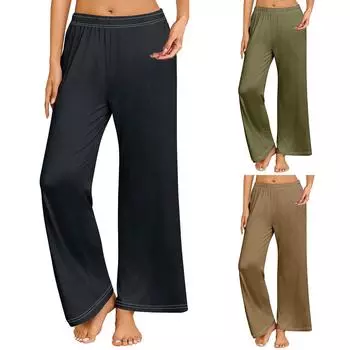 Пижамные брюки больших размеров с широкими штанинами для женщин, эластичный пояс, повседневные удобные брюки с карманами M чёрный