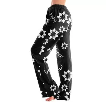 Пижамные брюки Домашняя одежда Повседневные Брюки на кулиске с эластичной талией Удобные Прямые Брюки для йоги Свободные L чёрный