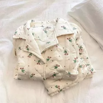 Пижамные комплекты Cherry для женщин, зимние, толстые, теплые, стеганые, трикотажные, хлопковые, домашняя одежда, длинные рукава, пижамы на пуговицах M