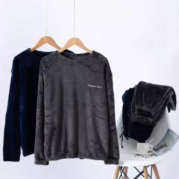 Пижамные комплекты для сна Рубашки + брюки 2 шт. Толстые бархатные винтажные ветрозащитные половеры Зима-Осень Теплая одежда Костюмы Повседневные брюки Куртка для мужчин L чёрный