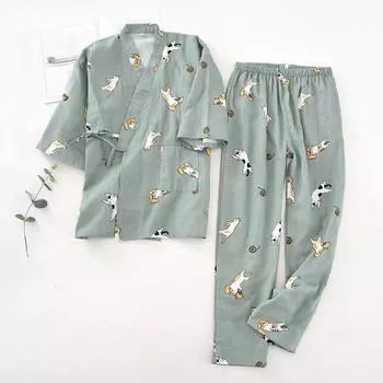 Пижамные комплекты для женщин, хлопковое кимоно, пижамы с рисунком котенка, ночная одежда для дома, женский кардиган на шнуровке, комплект из 2 предметов, домашняя одежда M розовый