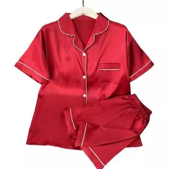 Пижамные комплекты для женщин, летние пижамы из атласа Ice Silk, гладкие высококачественные красные шорты с коротким рукавом, комплект пижамы Sweet Home S