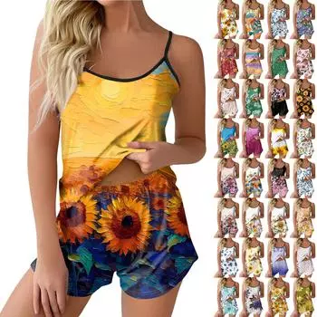 Пижамные комплекты для женщин, мягкие комплекты домашней одежды из двух предметов, топы без рукавов, шорты, одинаковые пижамы, одежда для сна L