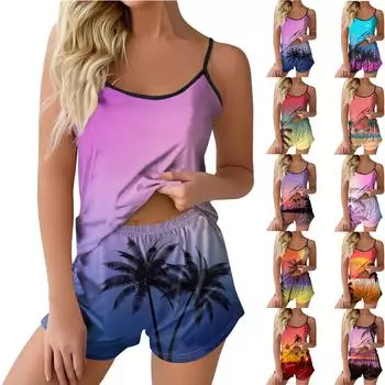 Пижамные комплекты для женщин, мягкие комплекты домашней одежды из двух предметов, топы без рукавов, шорты, одинаковые пижамы, одежда для сна L