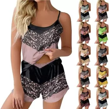 Пижамные комплекты для женщин, мягкие комплекты домашней одежды из двух предметов, топы без рукавов, шорты, одинаковые пижамы, одежда для сна L