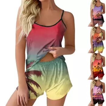 Пижамные комплекты для женщин, мягкие комплекты домашней одежды из двух предметов, топы без рукавов, шорты, одинаковые пижамы, одежда для сна L