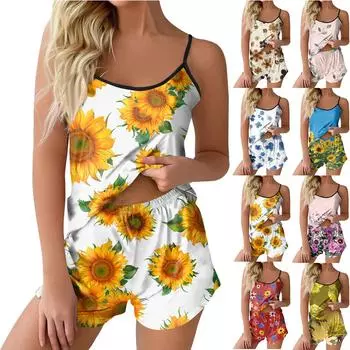 Пижамные комплекты для женщин, мягкие комплекты домашней одежды из двух предметов, топы без рукавов, шорты, одинаковые пижамы, одежда для сна L синий