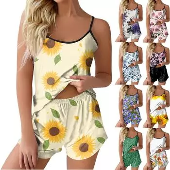 Пижамные комплекты для женщин, мягкие комплекты домашней одежды из двух предметов, топы без рукавов, шорты, одинаковые пижамы, одежда для сна L