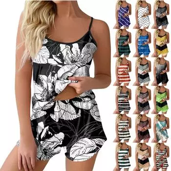 Пижамные комплекты для женщин, мягкие комплекты домашней одежды из двух предметов, топы без рукавов, шорты, одинаковые пижамы, одежда для сна L чёрный