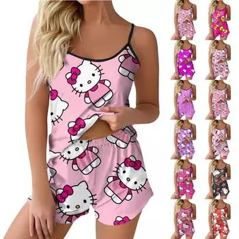 Пижамные комплекты для женщин, мягкие комплекты домашней одежды из двух предметов, топы без рукавов, шорты, одинаковые пижамы, одежда для сна L светло-розовый