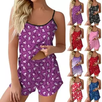 Пижамные комплекты для женщин, мягкие комплекты домашней одежды из двух предметов, топы без рукавов, шорты, одинаковые пижамы с принтом, ночная рубашка M синий