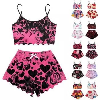 Пижамные комплекты для женщин, мягкие комплекты домашней одежды из двух предметов, топы без рукавов, шорты, одинаковые пижамы, одежда для сна M оранжевый