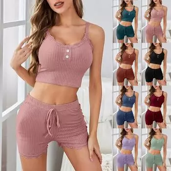 Пижамные комплекты для женщин, мягкие комплекты домашней одежды из двух предметов, топы без рукавов, шорты, одинаковые пижамы, одежда для сна M розовый