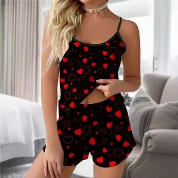 Пижамные комплекты для женщин, мягкие комплекты домашней одежды из двух предметов, топы без рукавов, шорты, одинаковые пижамы с принтом, ночная рубашка XL красный
