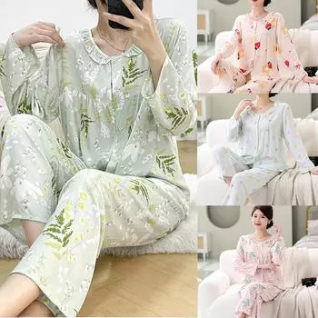 Пижамные комплекты для женщин, новые свободные брюки с длинным рукавом, домашний костюм с круглым вырезом и принтом, одежда для сна на весну и осень, домашняя одежда M светло-желтого