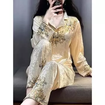Пижамные комплекты из цветочного золотистого бархата для женщин с длинным рукавом, кардиган, брюки, пижамы, домашняя одежда, роскошная винтажная ночная рубашка, комплект из двух предметов M