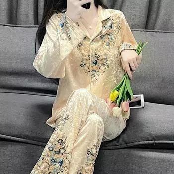 Пижамные комплекты из цветочного золотистого бархата для женщин с длинным рукавом, кардиган, брюки, пижамы, домашняя одежда, роскошная винтажная ночная рубашка, комплект из двух предметов M