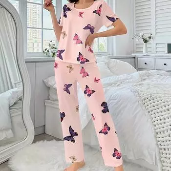 Пижамные комплекты Pink Butterfly Women, осень-зима, короткие рукава, длинные брюки, пижамы, повседневная пижама, уютная пижама, милая пижама S