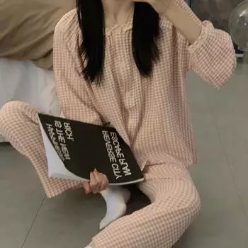 Пижамные комплекты с длинными рукавами для женщин с круглым вырезом и сетчатым принтом, пижамный комплект для сна для молодой девушки, женская домашняя одежда M фиолетовый