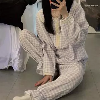 Пижамные комплекты с длинными рукавами для женщин с круглым вырезом и сетчатым принтом, пижамный комплект для сна для молодой девушки, женская домашняя одежда M розовый